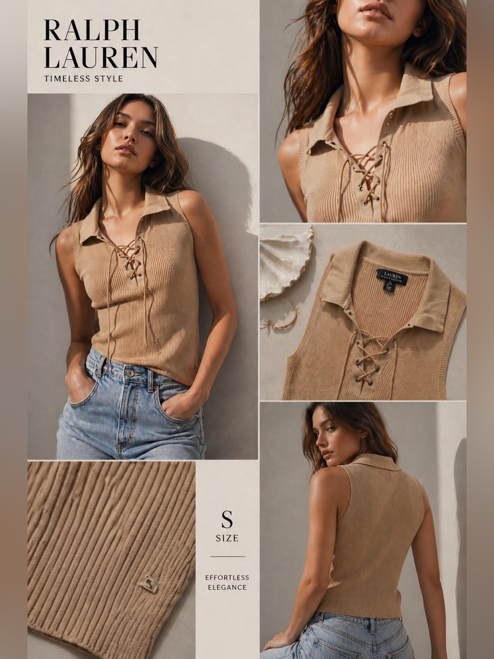 Ralph Lauren Beige Ribbed Lace-Up Sleeveless Top Size S Chic Minimal